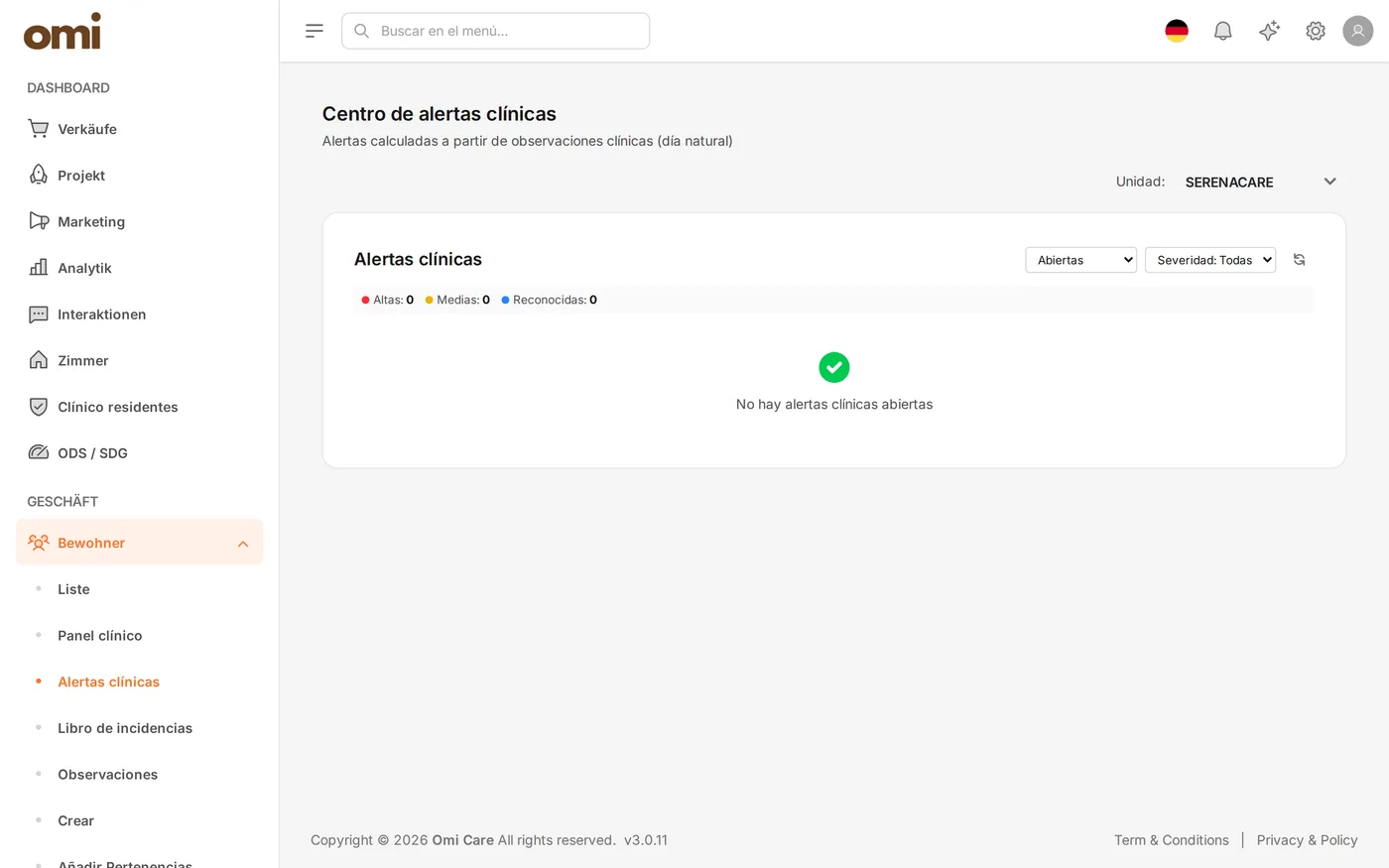 OmiCare-Klinikalarm-Dashboard mit offenen Vorfällen