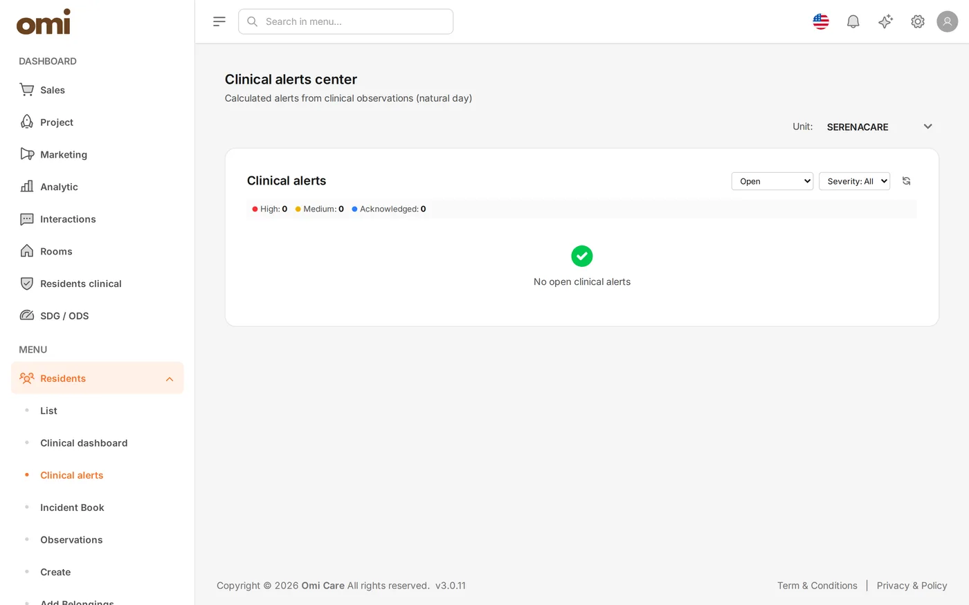 OmiCare clinical alerts dashboard with open incidents