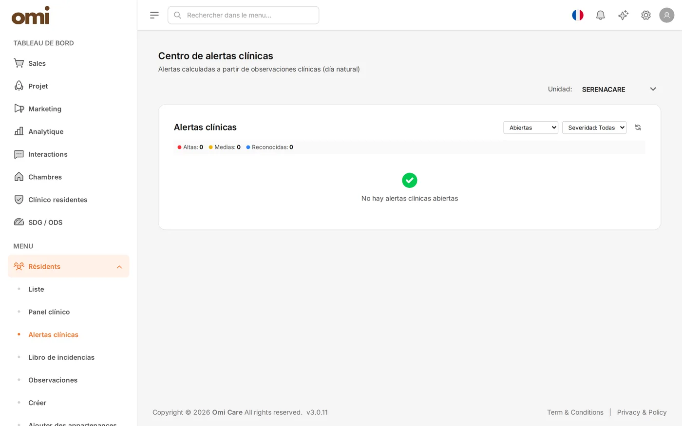 Centre d'alertes cliniques dans OmiCare avec incidents ouverts
